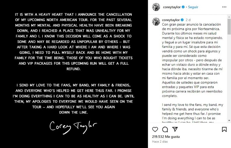 Corey Taylor de Slipknot cancela su gira en solitario debido a problemas de "salud mental y física"