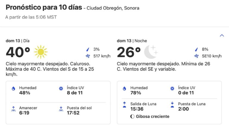 Clima en Ciudad Obregón HOY domingo 13 de octubre. Foto: Conagua Clima