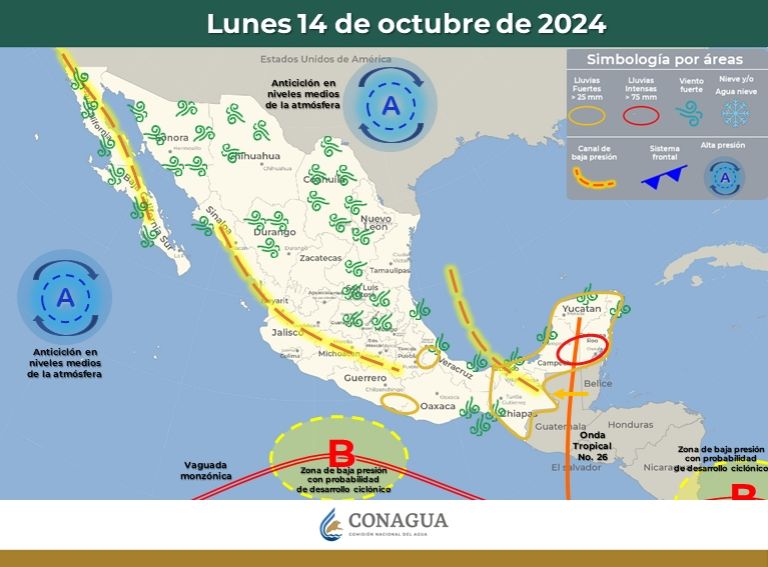 Clima en México para el lunes 14 de octubre. Foto: Conagua