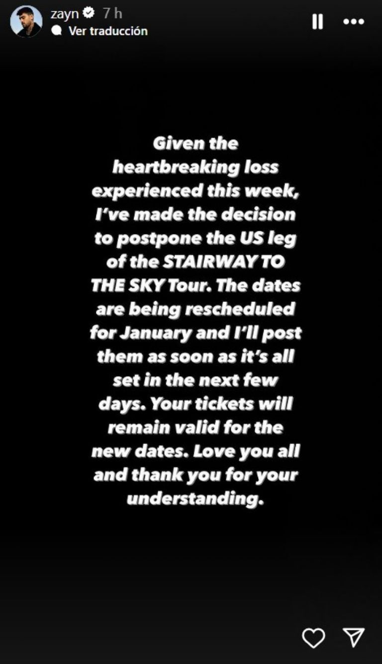 Este fue el mensaje con el que Zayn Malik confirmó la postergación su gira