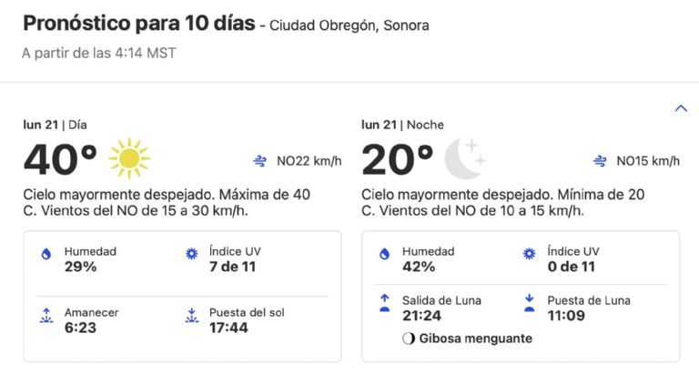 Clima en Ciudad Obregón hoy lunes 21 de octubre 2024. Foto: Conagua