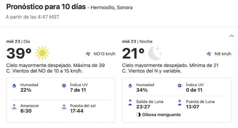 Clima en Hermosillo HOY miércoles 23 de octubre. Foto: Conagua