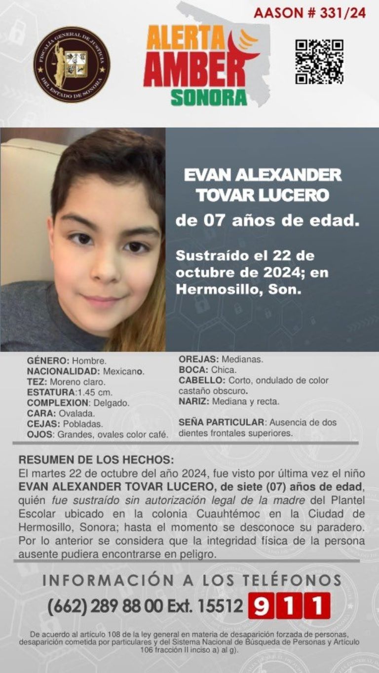 Buscan a menor de siete años sustraído en Hermosillo. Foto: FGJES