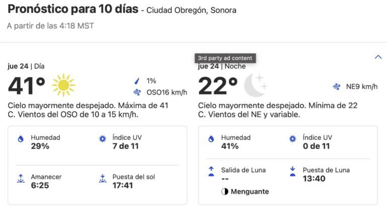 Clima en Ciudad Obregón para HOY jueves 24 de octubre. Foto: Conagua Clima