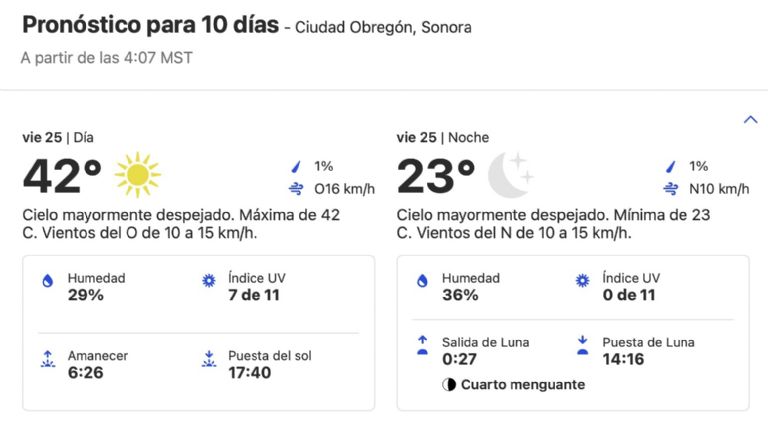 Clima en Ciudad Obregón HOY viernes 24 de octubre. Foto: Conagua Clima