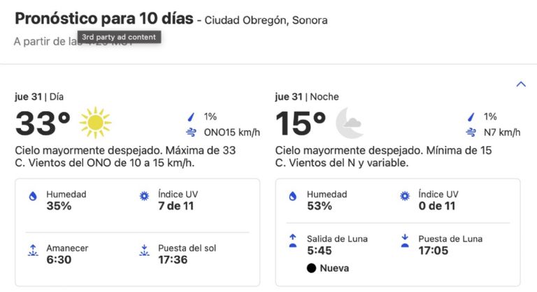 Clima en Ciudad Obregón HOY jueves 31 de octubre del 2024. Foto: Conagua Clima