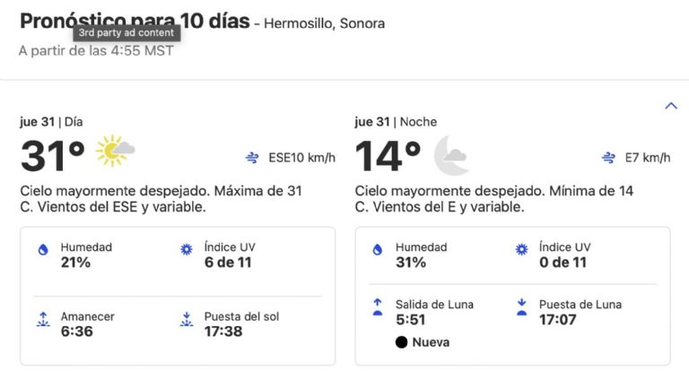 Clima en Hermosillo HOY jueves 31 de octubre. Foto: Conagua Clima