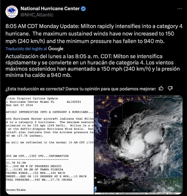 Evolución del huracán 'Milton' en EUA. Foto: X