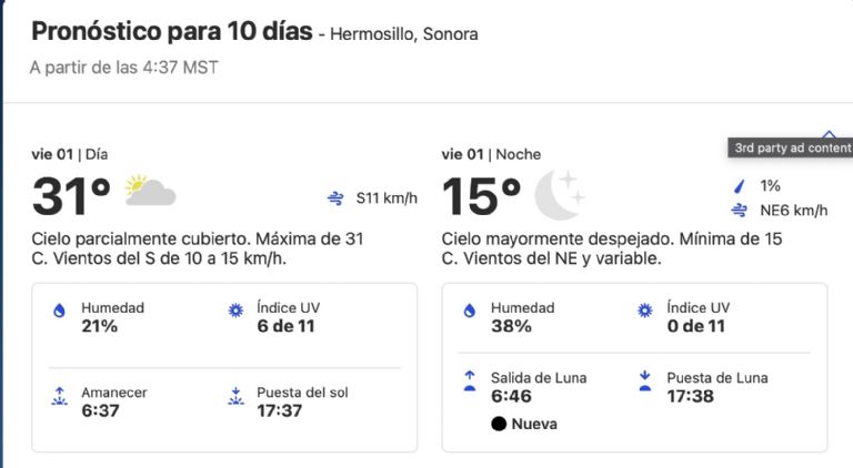 Clima en Hermosillo para HOY viernes 1 de noviembre. Foto: Conagua