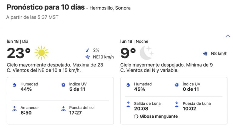 Clima en Hermosillo HOY lunes 18 de noviembre. Foto: Conagua