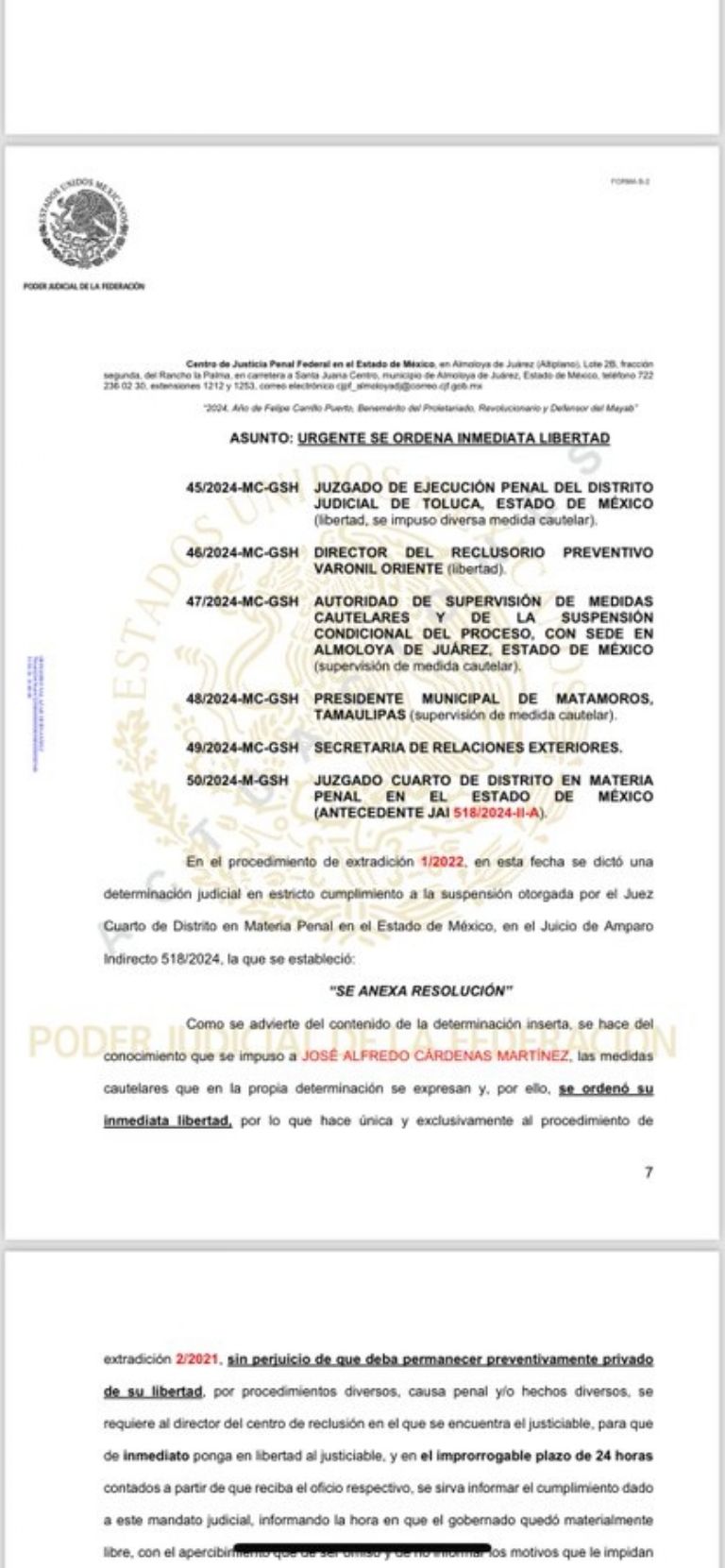 Resolución en la que se revoca la prisión preventiva