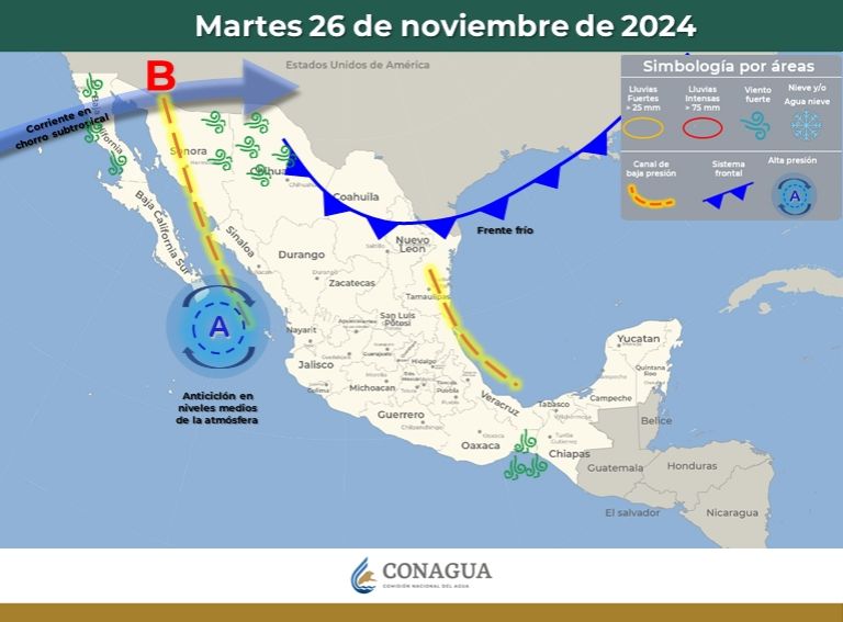 Pronóstico del clima para el martes 26 de noviembre. Foto: Conagua Clima