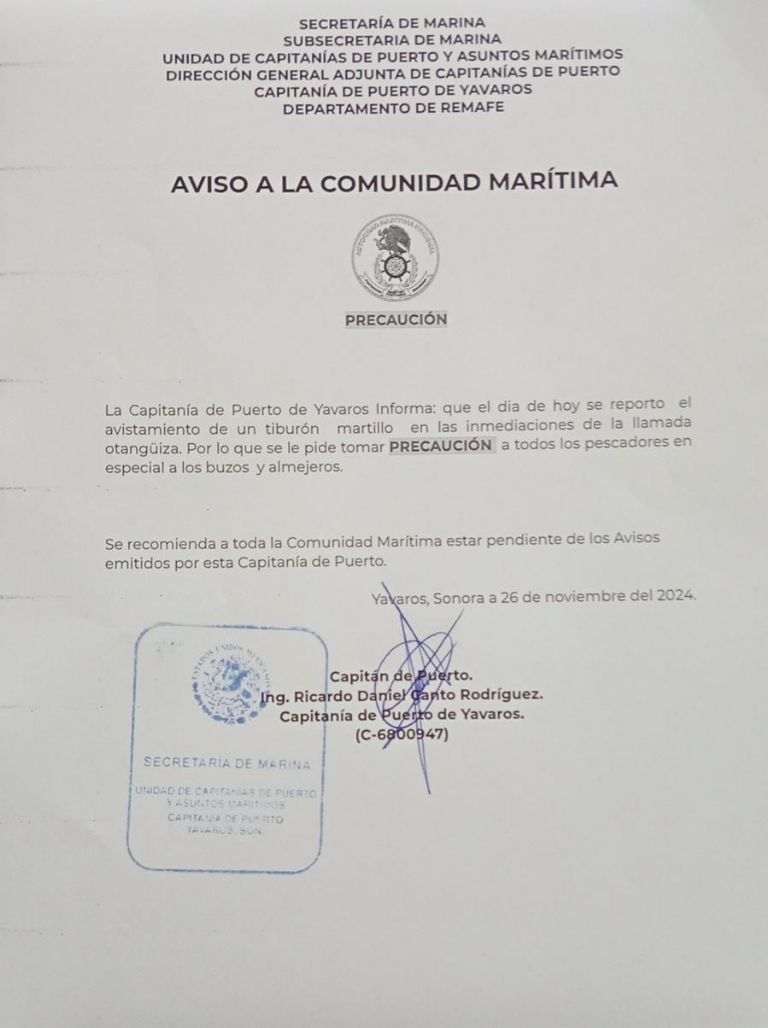 Aviso de la capitanía del Puerto de Yavaros