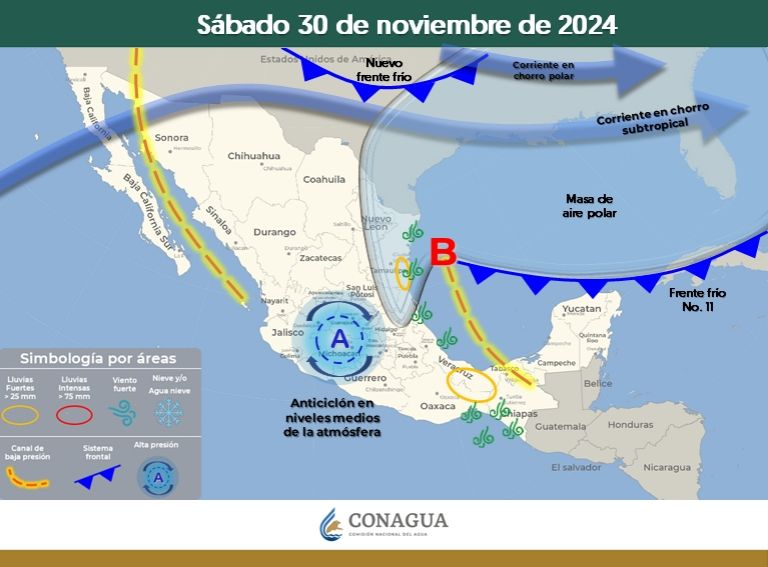Clima en México para el sábado 30 de noviembre. Foto: Conagua