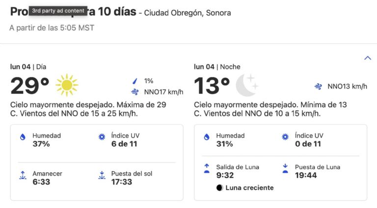 Clima en Ciudad Obregón hoy 4 de noviembre 2024. Foto: Conagua Clima