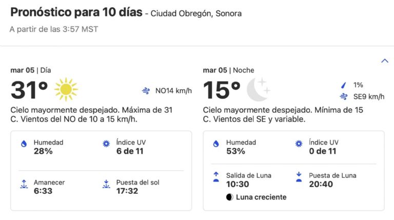 Clima en Ciudad Obregón HOY martes 5 de noviembre. Foto: Conagua Clima