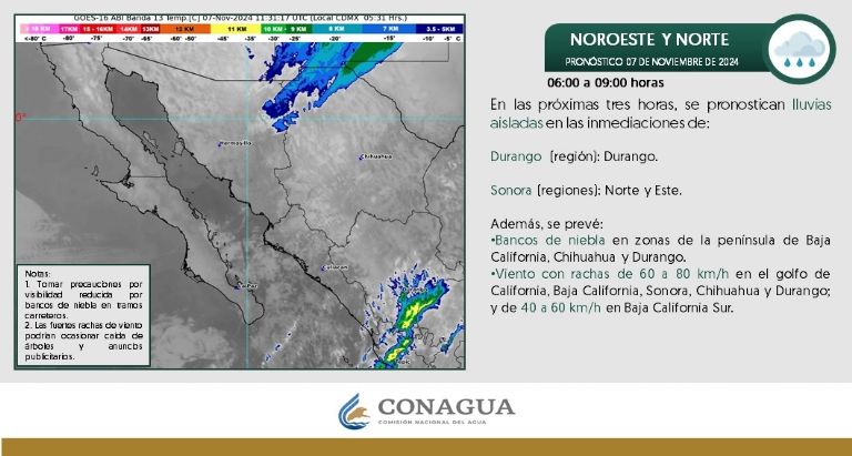 Clima en Sonora para HOY jueves 7 de noviembre. Foto: Conagua Clima