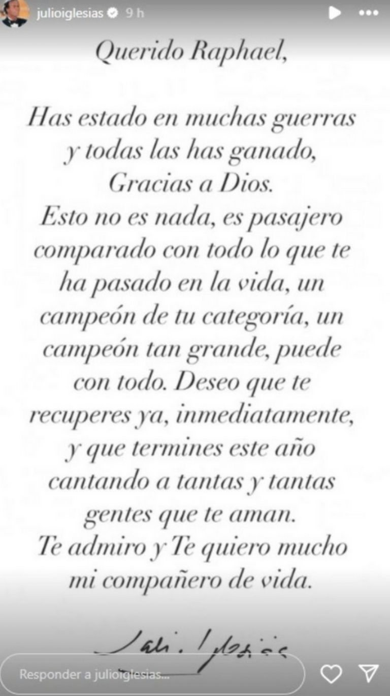 Julio Iglesias manda conmovedor mensaje por estado de Raphael