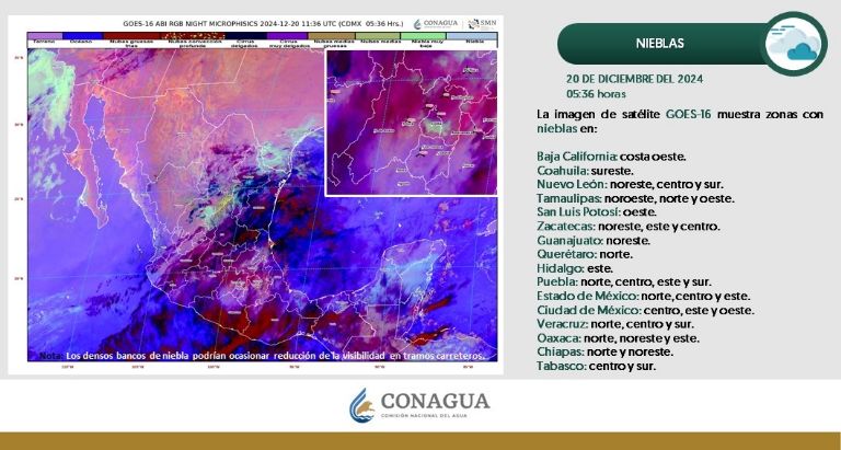 Advierten nieblas en México. Foto: Conagua Clima