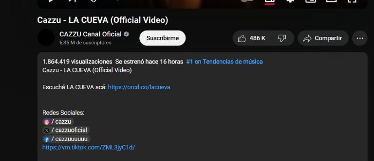 Cazzu alcanza los casi 2 millones de visitas en YouTube