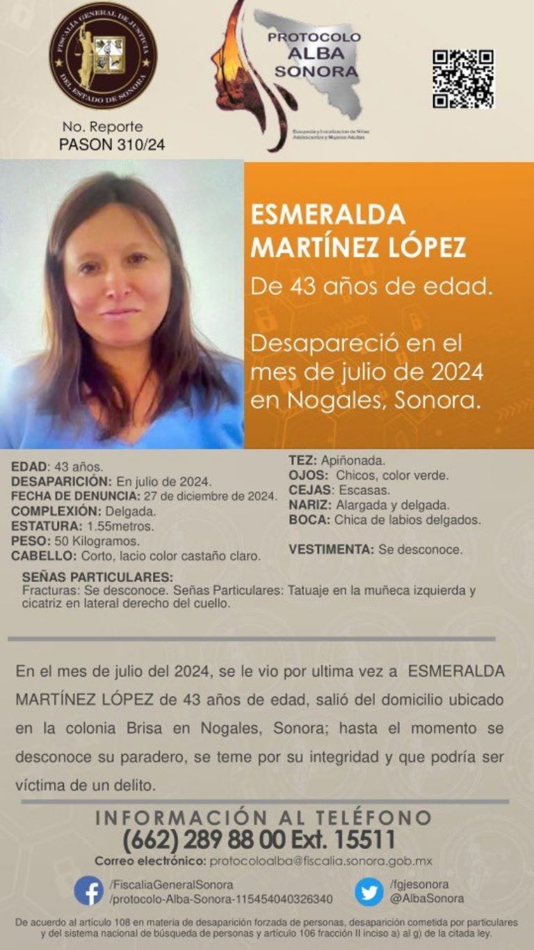 Activan protocolo ALBA por mujer desaparecida en Sonora. Foto: FGJES