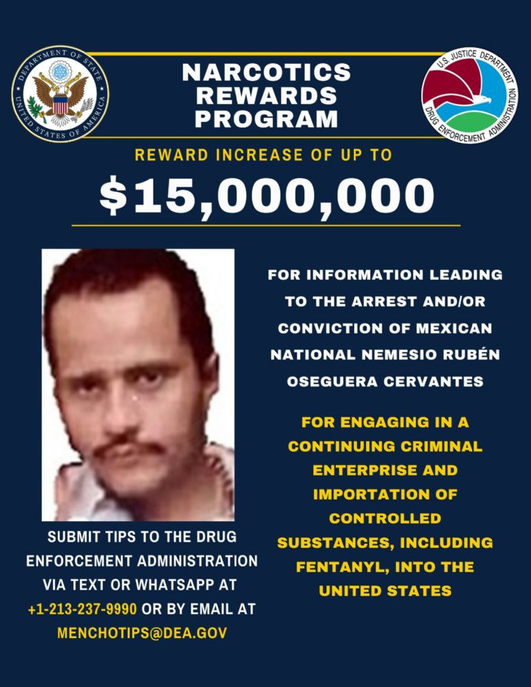 Boletín de recompensa por información del paradero de 'El Mencho'