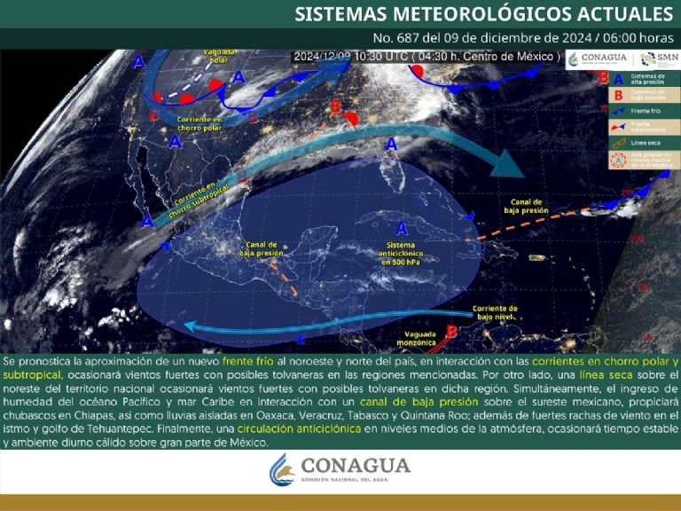 Pronóstico del clima para HOY lunes 9 de diciembre 2024. Foto: Conagua Clima