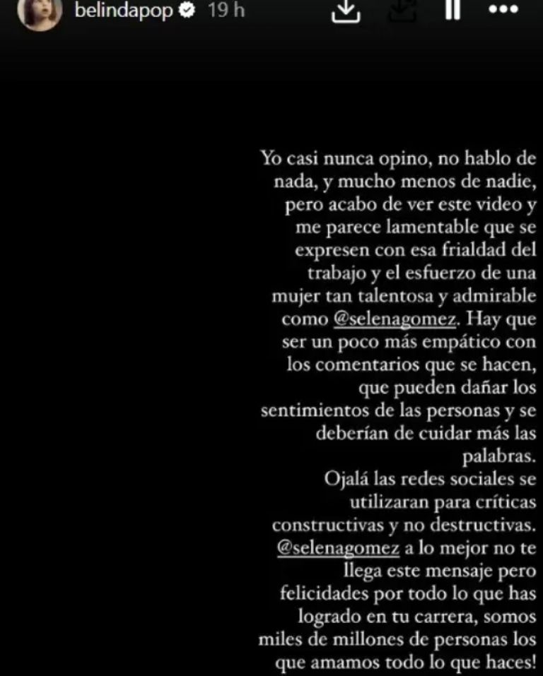 Historia en Instagram de Belinda