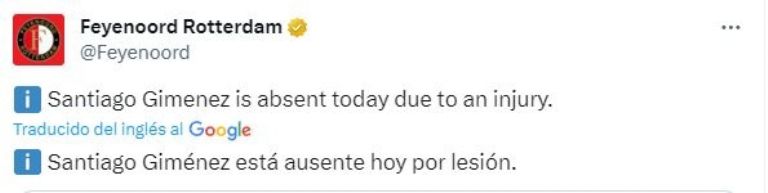 ¿Por qué no jugó Santiago Giménez con el Feyenoord? Esta es la importante razón
