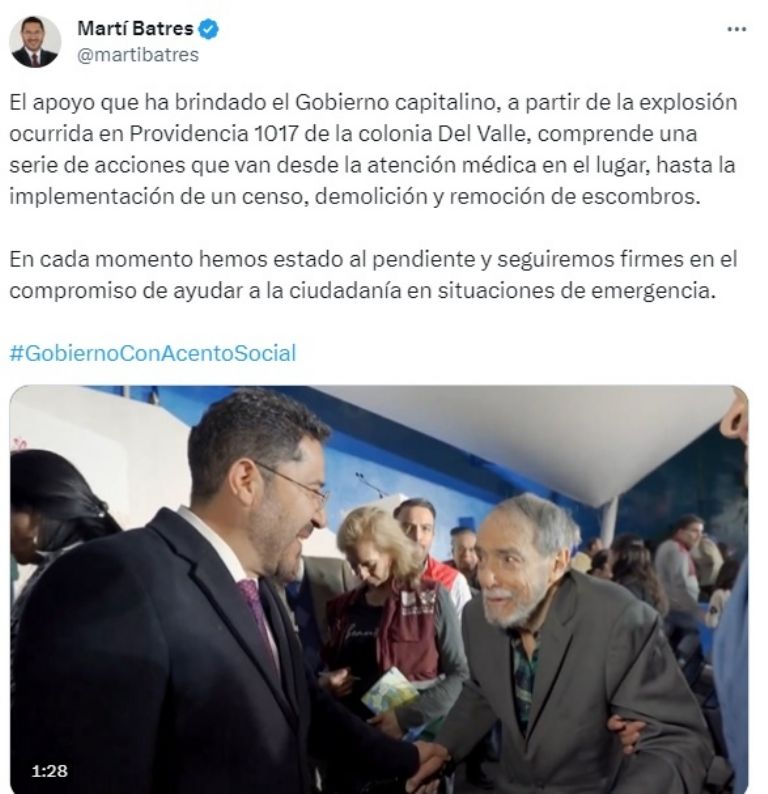 Batres entrega apoyos a afectados por explosión en la Del Valle CDMX