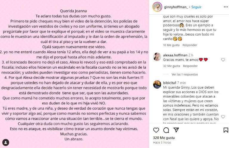 Ginny Hoffman responde a Joanna Vega Biestro