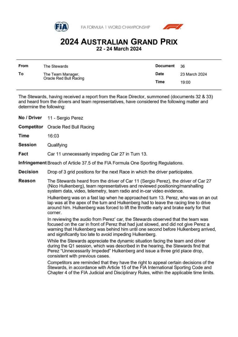 Gran Premio de Australia: Sanción a Sergio Pérez