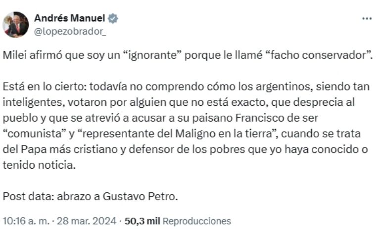 AMLO responde a Javier Milei, quien lo llamó "ignorante". Foto: Twitter