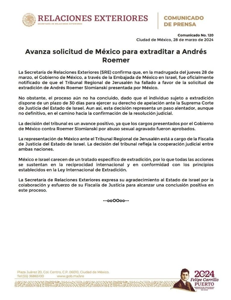SRE informa sobre el proceso de extradición de Andrés Roemer. Foto: Twitter