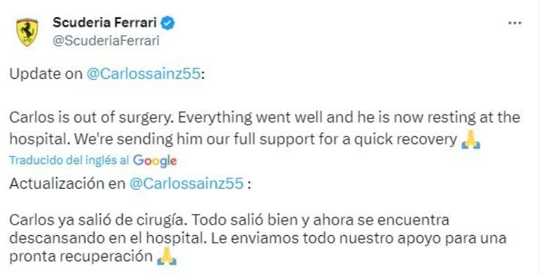 Ferrari actualiza reporte de salud de Carlos Sainz tras cirugía; no estará en el GP de Arabia