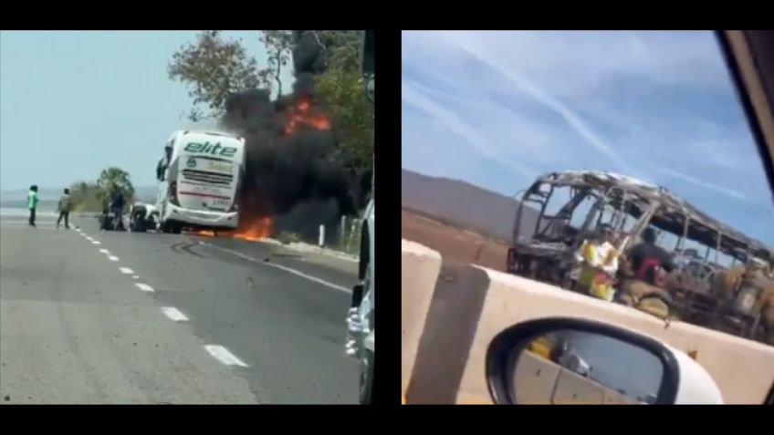 (VIDEO) Llamas consumen un autobús a media autopista en Sinaloa; hay 4 muertos