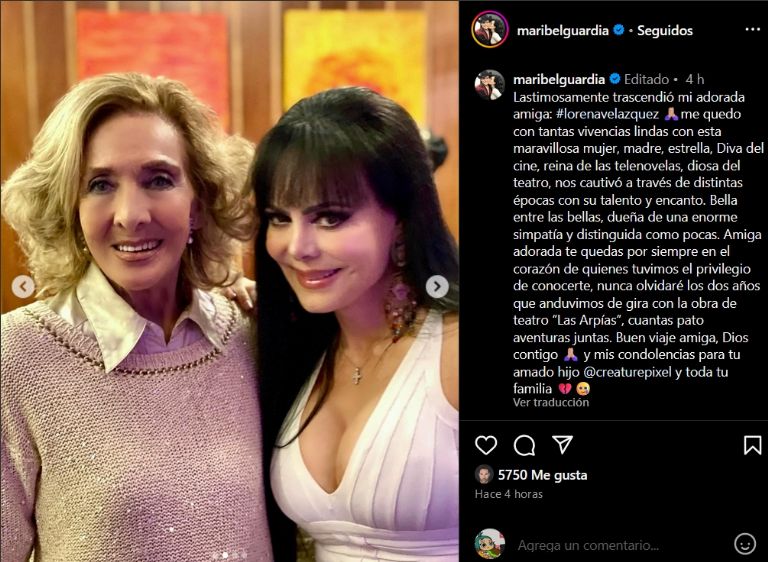 Maribel Guardia se viste de luto por el fallecimiento de Lorena Velázquez