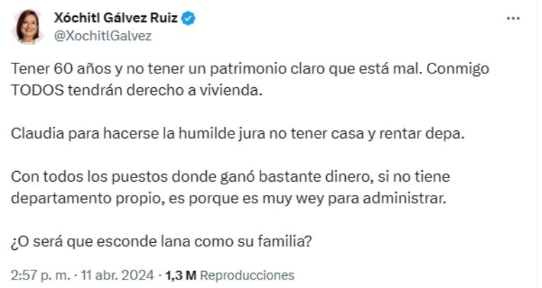 Xóchitl Gálvez responde a críticas por comentario sobre vivienda. Foto: Internet
