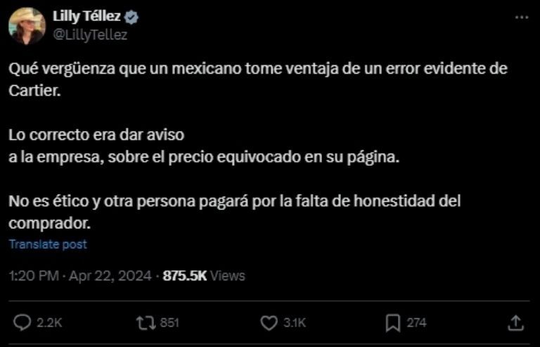 Lily Téllez critica el "aprovechamiento" del joven mexicano en la compra de aretes Cartier