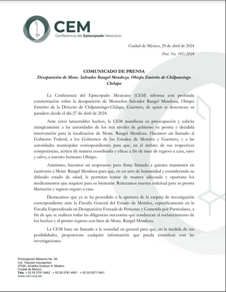 Comunicado de prensa de la desaparición del obispo Salvador Rangel Mendoza