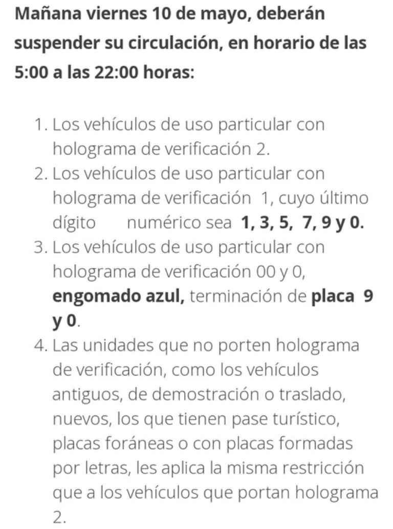 Doble Hoy No Circula de este viernes 10 de mayo 2024. Foto: Twitter