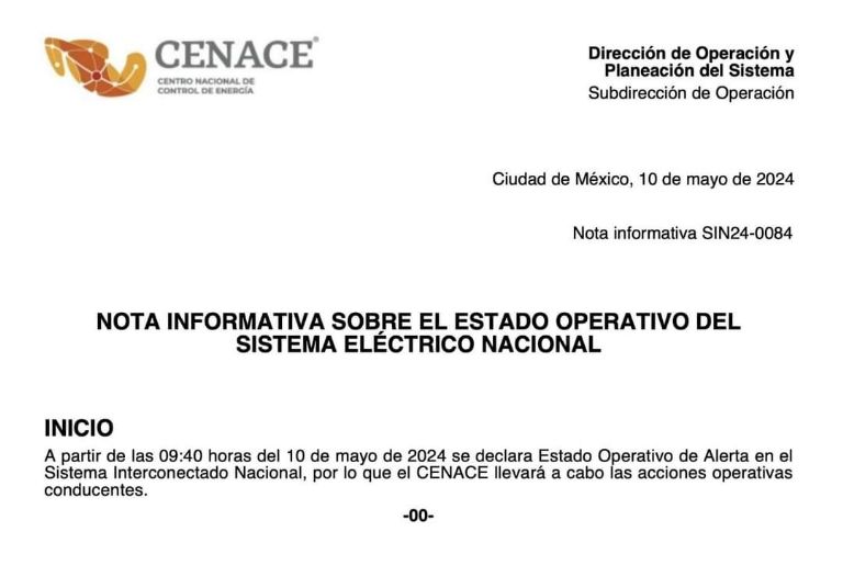 Cenace reporta alerta en el sistema eléctrico este 10 de mayo