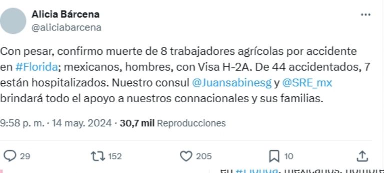 SRE informa sobre accidente en Florida. Foto: Twitter