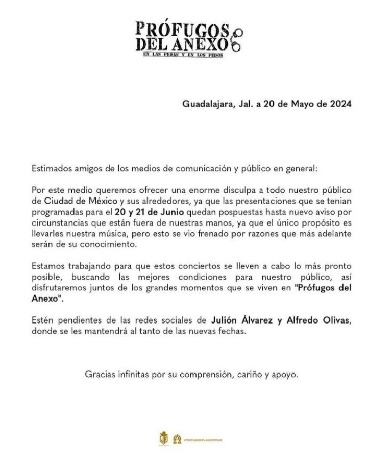 Cancelan Prófugos del Anexo Tour en CDMX