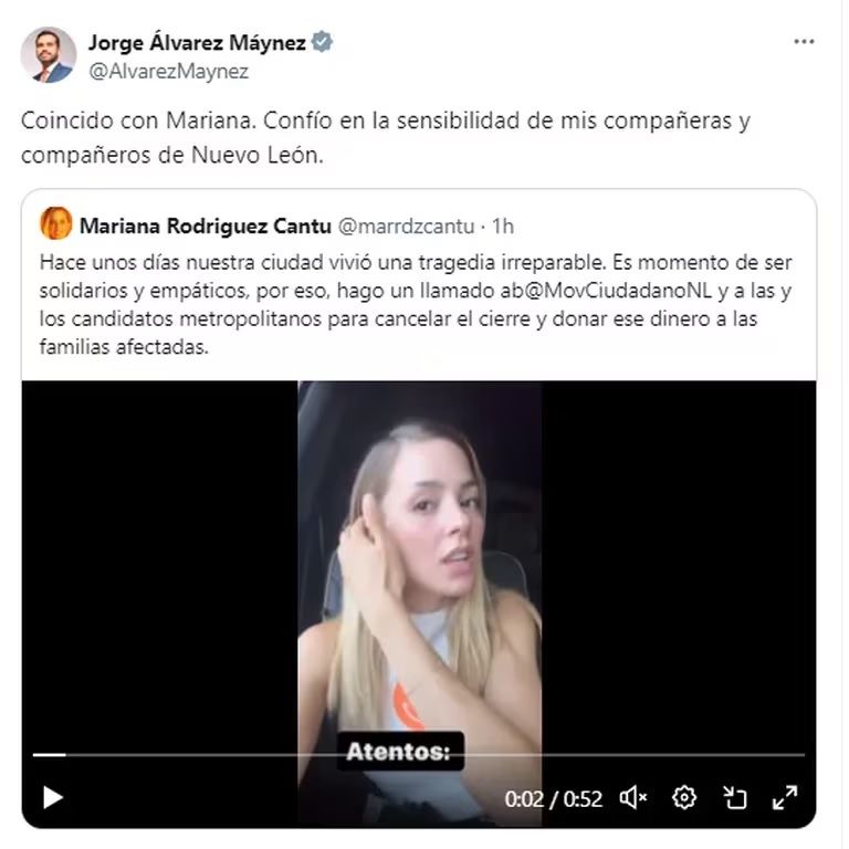 Mariana Rodríguez pide a MC cancelar megacierre de campaña y donar el dinero