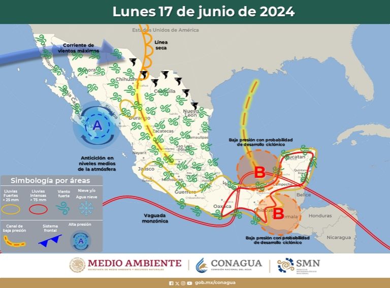 Pronóstico del clima para el lunes 17 de junio. Foto: Conagua