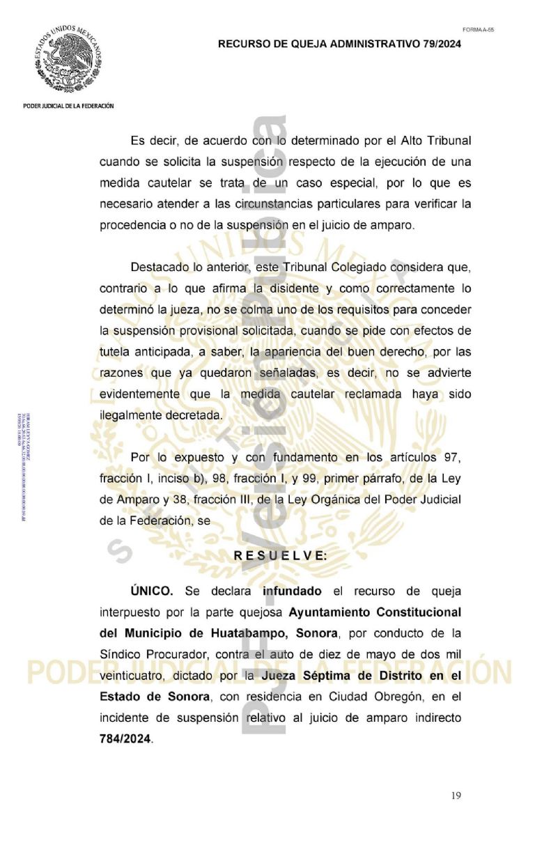 El Tribunal Unitario Agrario Distrito 35, emitió una resolución donde se declara ‘infundado’ el recurso de queja interpuesto por el Gobierno Municipal