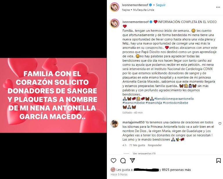 Ivonne Montero pide donadores de sangre para su hija