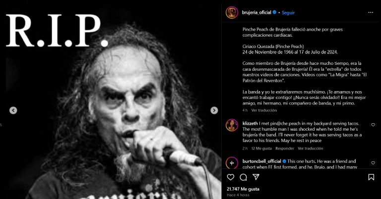 Confirman la muerte de Pinche Peach, integrante de Brujería