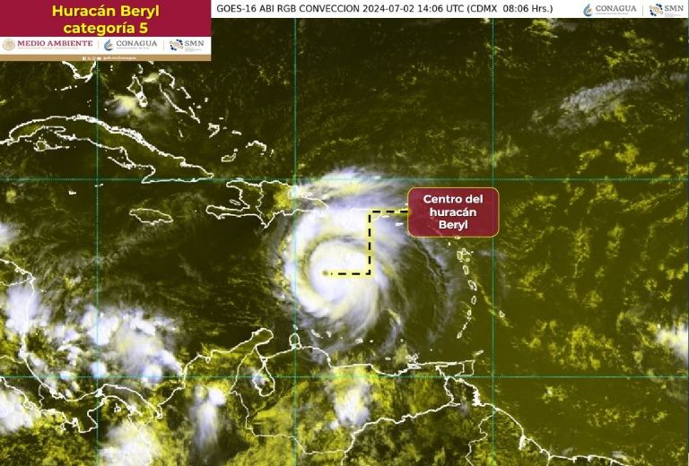 Huracán 'Beryl' ya es categoría 5 en el Caribe. Foto: Conagua